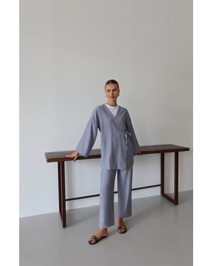 Knitterlook Textured Kimono Anzug Grau