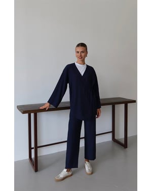 Knitterlook Textured Kimono Anzug Marineblau