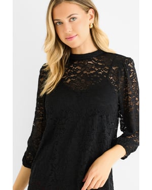 Schwarze, locker sitzende Jersey-Bluse mit hohem Kragen und Spitzenverzierung