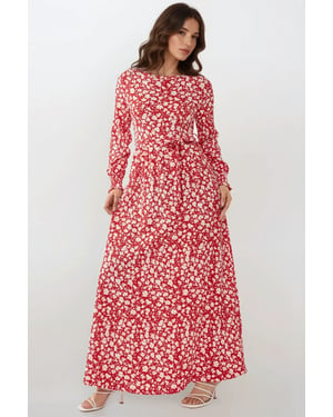 Blumenmuster Maxi-Kleid mit Gürtel und Rundhalsausschnitt