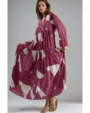 Bedrucktes Langarm-Viskose-Maxi-Kleid