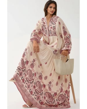Bedrucktes V-Ausschnitt-Maxikleid mit Knopfdetails