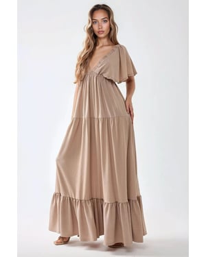 Strukturiertes V-Ausschnitt A-Form Maxi-Kleid