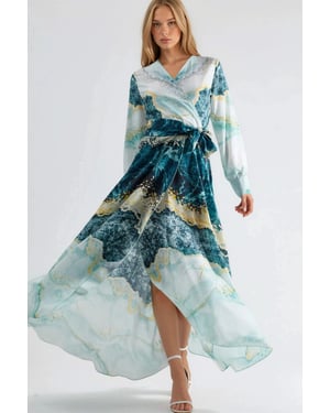 Maxikleid mit abstraktem Druck und langen Ärmeln sowie Bindegürtel