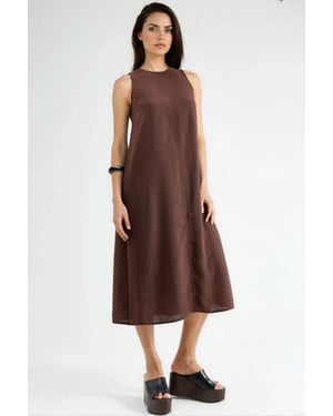 Leinen-Optik ärmelloses Kleid mit Rundhalsausschnitt in Midi-Länge