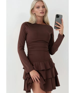 Hiccup Rüschenshirt Mini-Kleid mit Rundhals - Braun