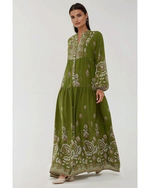 Gemustertes Langarm-Viskose-Maxikleid