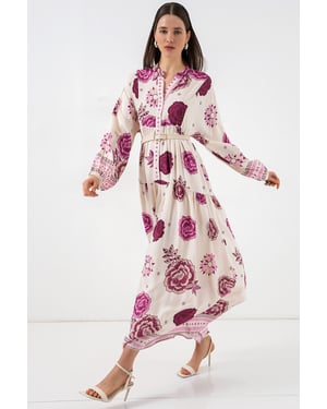 Big Dart Gemustertes Maxikleid mit V-Ausschnitt - Fuchsia