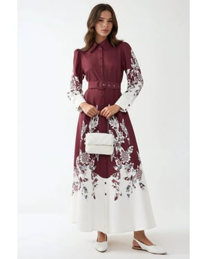 Bedrucktes Maxi-Kleid mit langen Ärmeln und Gürtel
