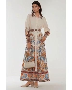 Bedrucktes Maxi-Kleid mit langem Arm und Gürtel