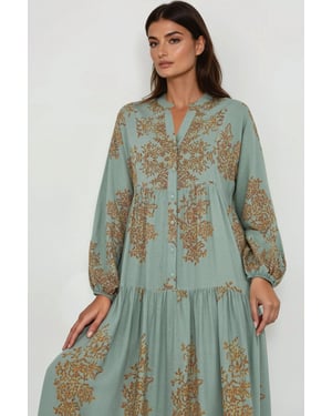 Hiccup Printed Viscon Maxikleid mit Hemdkragen - Mintgrün