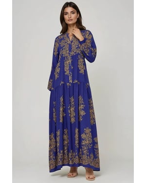 Bedrucktes Viscon Maxi-Kleid mit Hemdkragen