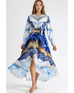 Maxikleid mit abstraktem Druck und langen Ärmeln sowie Bindeband-Detail