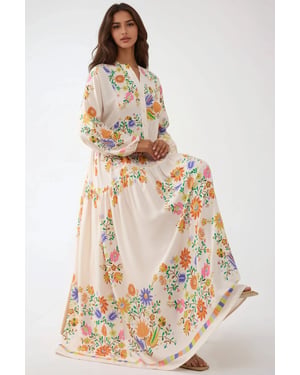 Gedrucktes V-Ausschnitt-Maxikleid mit Knopfdetail
