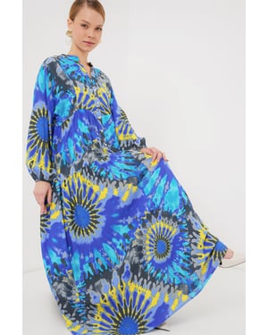 Gedrucktes V-Ausschnitt Maxikleid mit Knopfverschluss