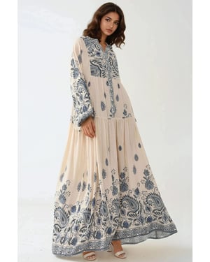 Bedrucktes V-Ausschnitt-Maxi-Kleid mit Knopfdetails