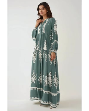 Bedrucktes Langarm-Viskose-Maxi-Kleid