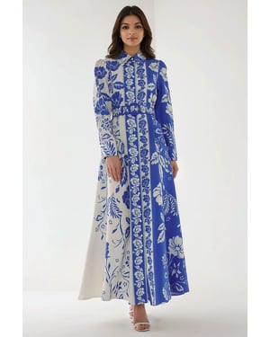 Bedrucktes Maxi-Kleid mit langen Ärmeln und Gürtel