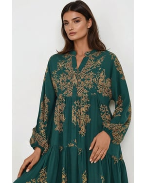 Bedrucktes Langarm-Viskose-Maxikleid