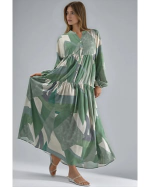Bedrucktes Langarm-Viskose-Maxi-Kleid