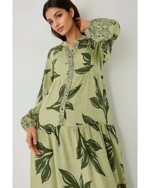 Bedrucktes langärmliges Viskose-Maxi-Kleid