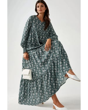 Bedrucktes Viskose-Maxi-Kleid mit Rundhalsausschnitt