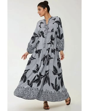 Bedrucktes Viskose Maxikleid mit langen Ärmeln