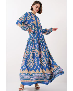 Bedrucktes V-Ausschnitt-Maxikleid mit Knopfverschluss