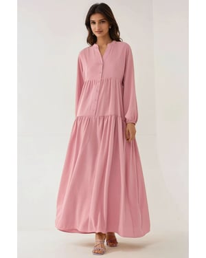 Strukturiertes V-Ausschnitt Maxikleid mit Knopfdetails