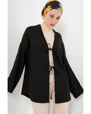 Leinenmischung Langarm-Kimono mit Bindedetail