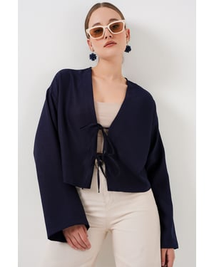 Viskose-Mischung V-Ausschnitt Langarm-Kimono mit Bindungsdetails