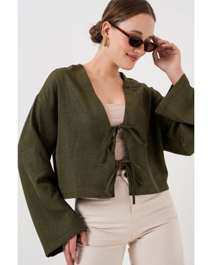 Viskose-Mischung V-Ausschnitt Langarm-Kimono mit Bindungsdetails