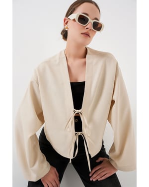 Viskose-Mischung V-Ausschnitt Langarm-Kimono mit Bindungsdetails