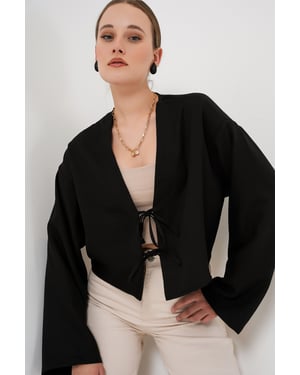 Viskose-Mix V-Ausschnitt Langarm-Kimono mit Bindungsdetails