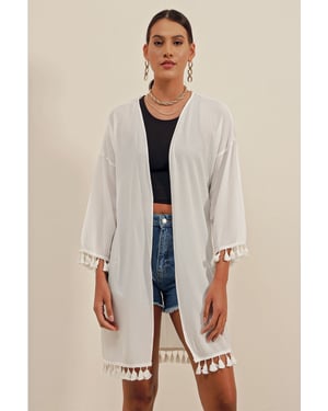 Midi Strand-Kimono mit Pompom-Detail
