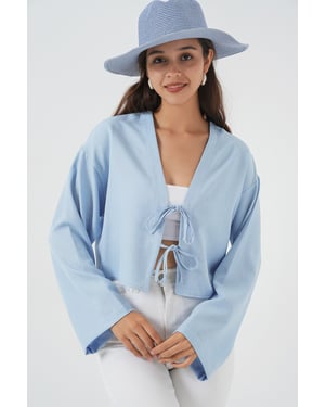 Viskose-Mix V-Ausschnitt Langarm-Kimono mit Bindungsdetails