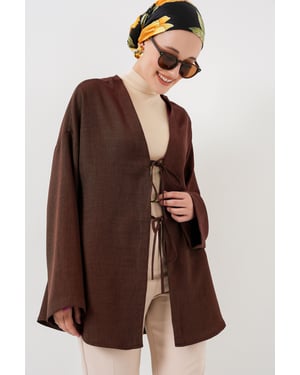 Leinenmischung Langarm-Kimono mit Bindedetail