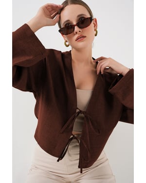 Viskose-Mix V-Ausschnitt Langarm-Kimono mit Bindungsdetails