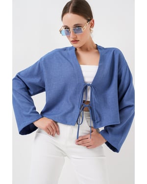 Viskose-Mischung V-Ausschnitt Langarm-Kimono mit Bindungsdetails