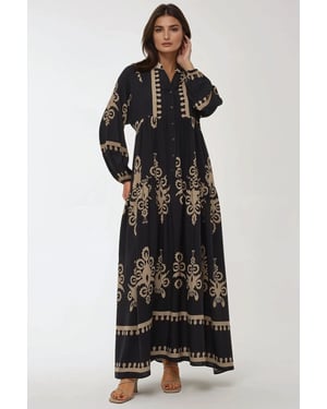 Bedrucktes Langarm-Viskose-Maxikleid