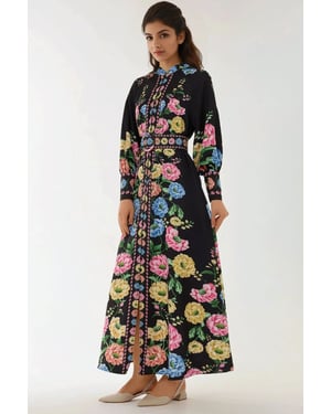 Hiccup Bedrucktes Maxikleid mit langen Ärmeln und Gürtel - Schwarz