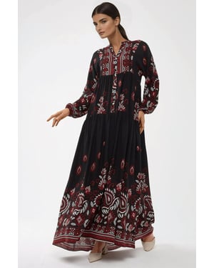 Bedrucktes Viskose-Maxi-Kleid mit langen Ärmeln