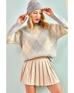 Geometrischer Ripp-Pullover mit Rundhalsausschnitt