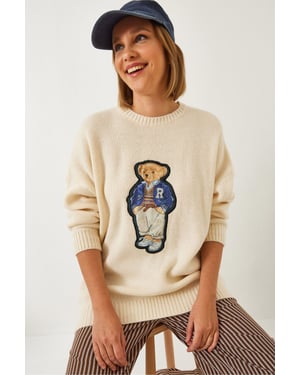 Bestickter Übergroßer Rundhalsausschnitt-Pullover