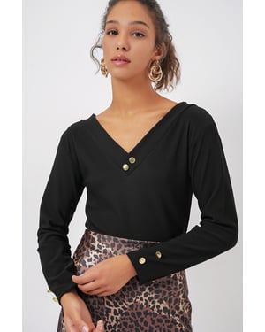 Strukturiertes Strick-V-Ausschnitt Langarm-Bodysuit mit Druckknopfverschluss