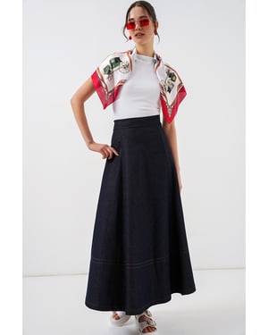 Hoch taillierter Denim A-Linien Maxi-Rock mit Taschen