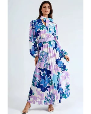 Midikleid mit abstraktem Druck und Choker-Kragen