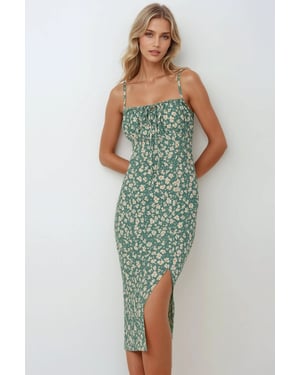Körperbetontes Midi-Kleid mit Allover-Blumenmuster und Schlitz