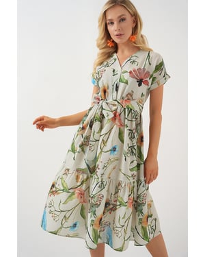 Blütendes V-Ausschnitt-Midi-Kleid mit Schleife