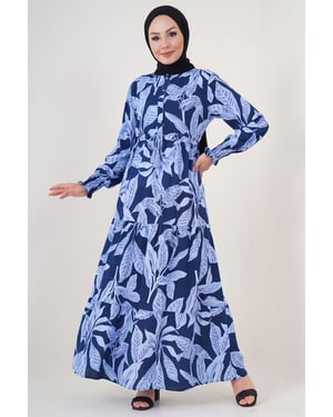 Blätterdruck Langarm Schichten-Maxikleid